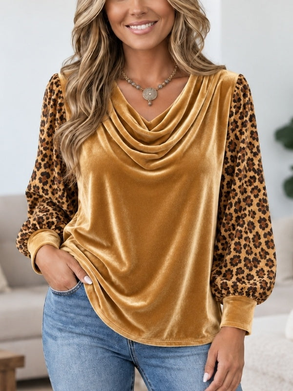 Leopard Sleeve Cowl Neck Velvet Top
