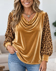 Leopard Sleeve Cowl Neck Velvet Top