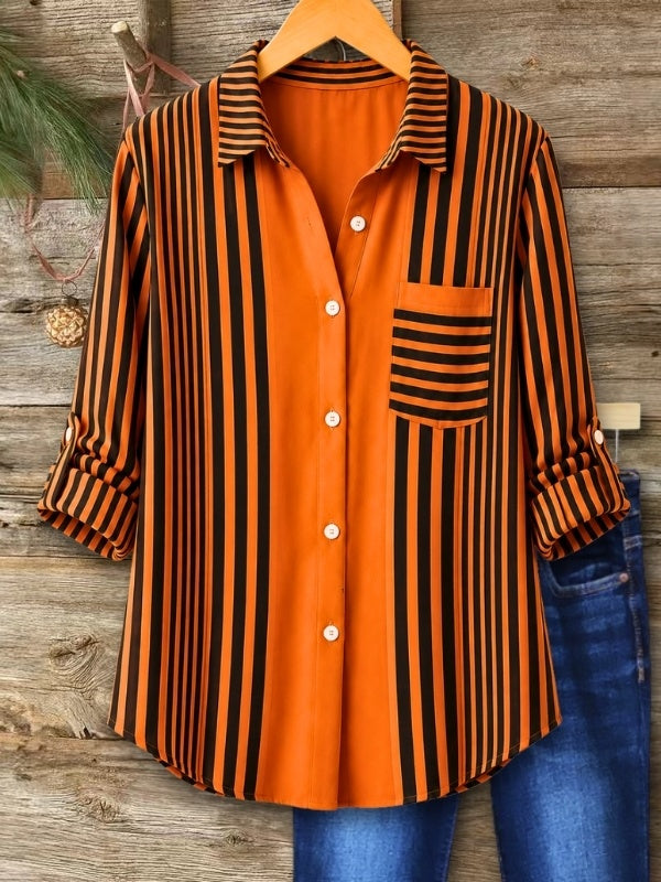 Striped Roll-Tab Sleeve Button-Up Tunic