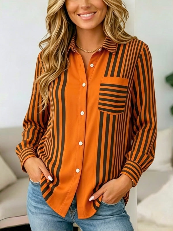 Striped Roll-Tab Sleeve Button-Up Tunic
