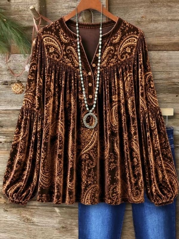 Paisley Print Velvet Babydoll Top