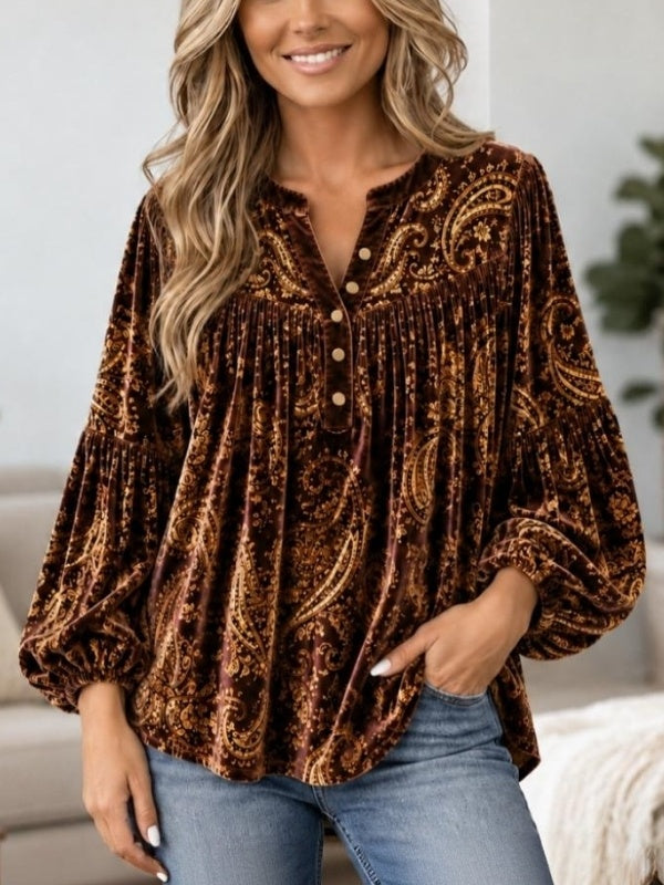 Paisley Print Velvet Babydoll Top