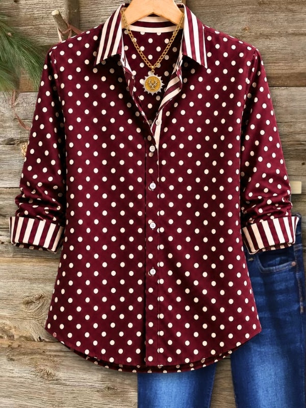 Polka Dot Striped Trim Button-Up Shirt