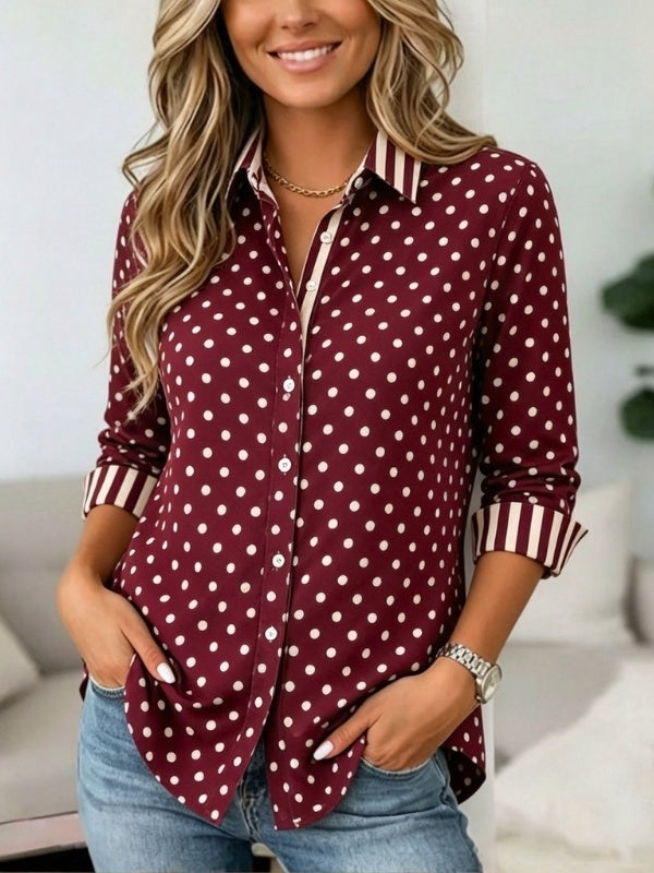 Polka Dot Striped Trim Button-Up Shirt