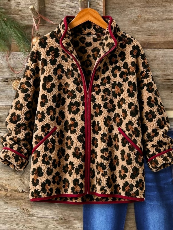 Leopard Print Sherpa Zip-Up Jacket