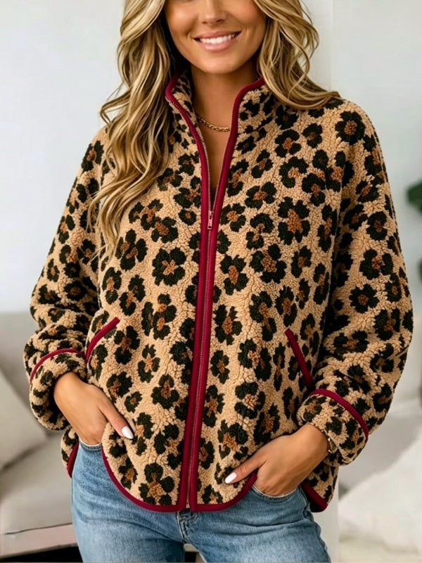 Leopard Print Sherpa Zip-Up Jacket