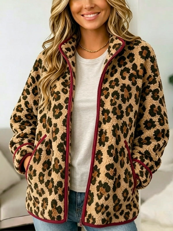 Leopard Print Sherpa Zip-Up Jacket