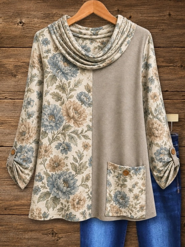 Floral Print Patchwork Cowl Neck Tunic