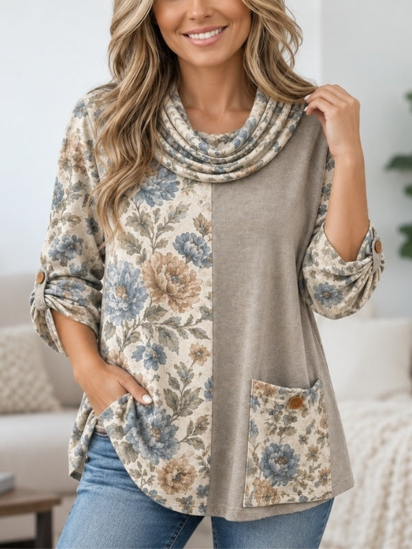 Floral Print Patchwork Cowl Neck Tunic