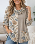 Floral Print Patchwork Cowl Neck Tunic