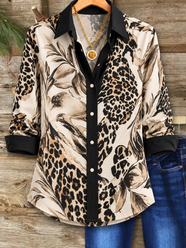 Leopard Floral Print Contrast Collar Shirt