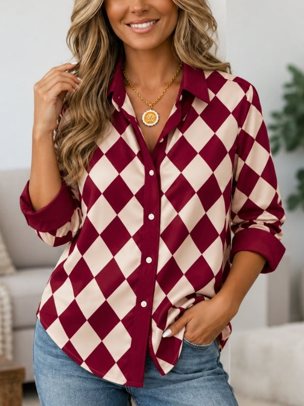 Burgundy Diamond Print Button Down Shirt