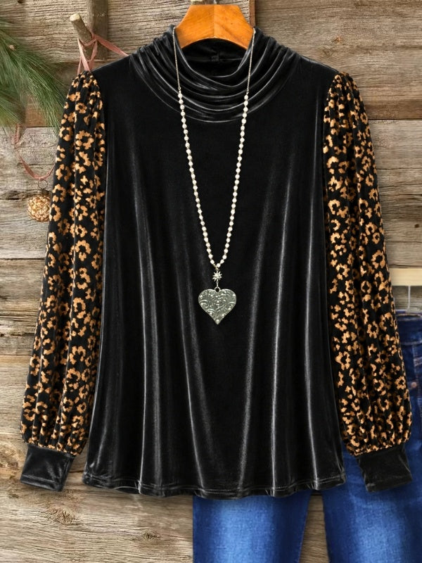 Velvet Leopard Foil Patchwork Cowl Neck Top