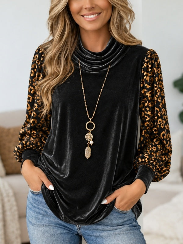 Velvet Leopard Foil Patchwork Cowl Neck Top
