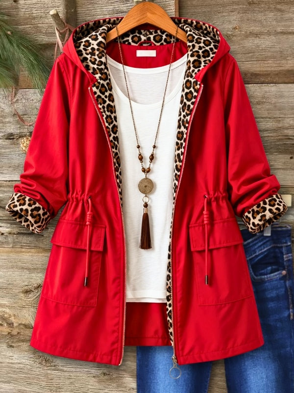 Leopard Trim Drawstring Hooded Jacket