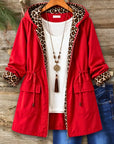 Leopard Trim Drawstring Hooded Jacket
