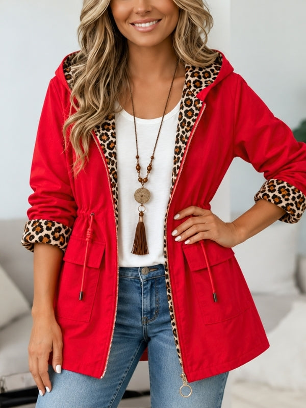 Leopard Trim Drawstring Hooded Jacket