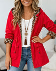 Leopard Trim Drawstring Hooded Jacket