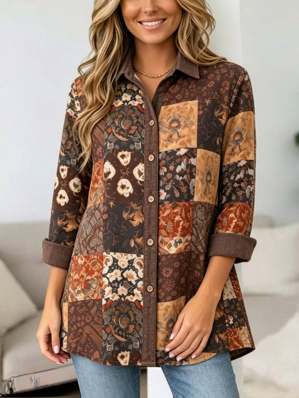 Floral Print Patchwork Button-Up Tunic