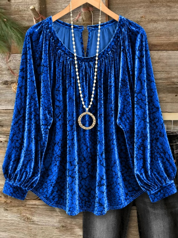 Abstract Print Velvet Balloon Sleeve Babydoll Top