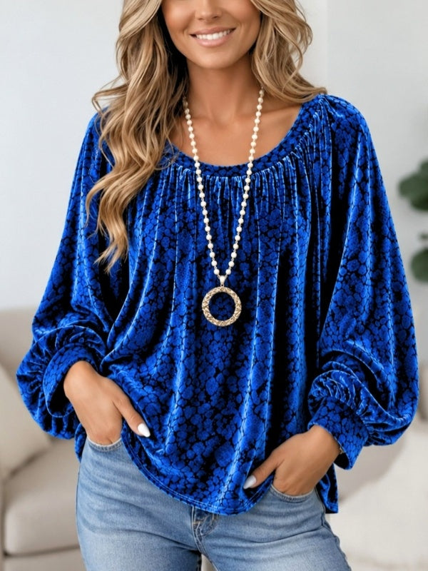 Abstract Print Velvet Balloon Sleeve Babydoll Top