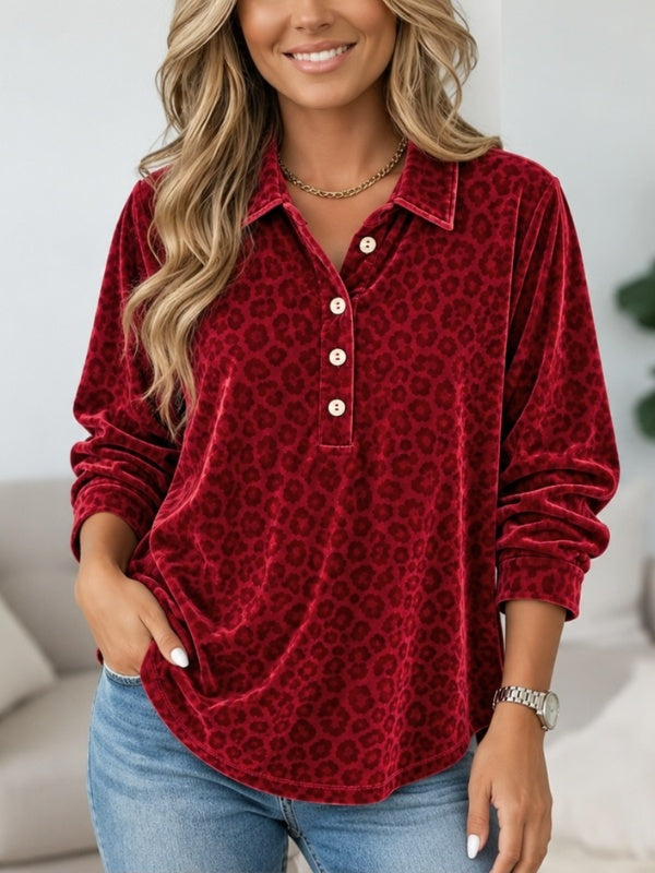 Leopard Velvet Henley Collar Tunic