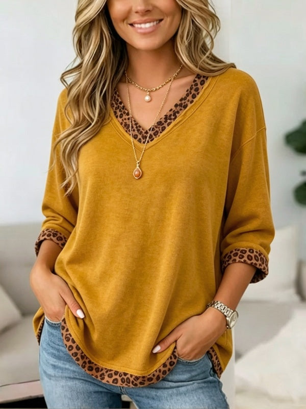 Leopard Trim V-Neck Relaxed Top