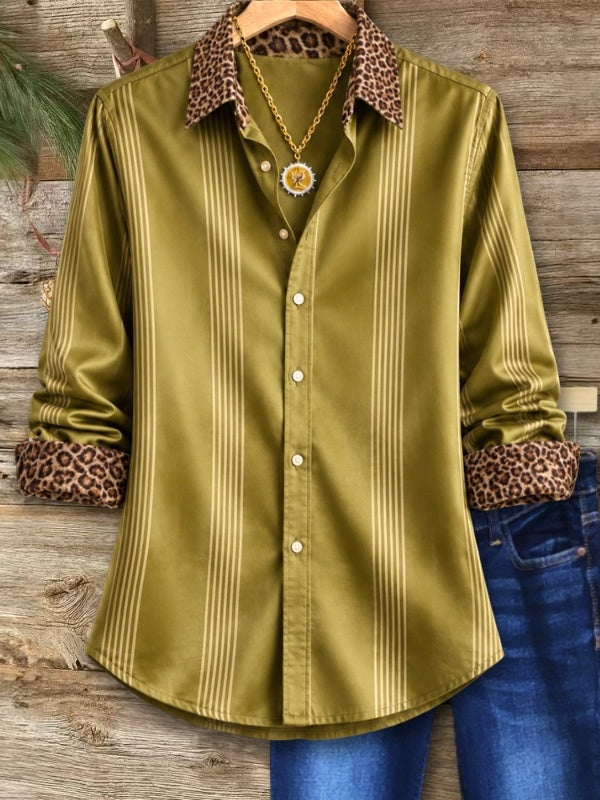 Striped Satin Leopard Trim Button-Up Shirt
