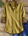 Striped Satin Leopard Trim Button-Up Shirt