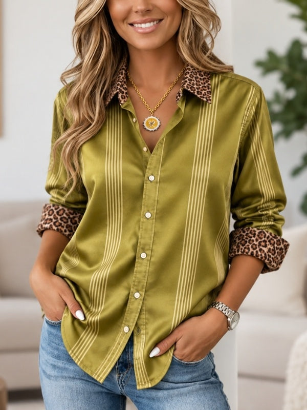 Striped Satin Leopard Trim Button-Up Shirt