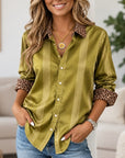 Striped Satin Leopard Trim Button-Up Shirt