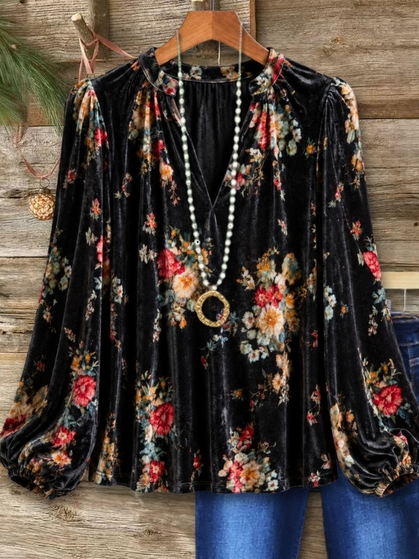 Floral Print Velvet Balloon Sleeve Blouse