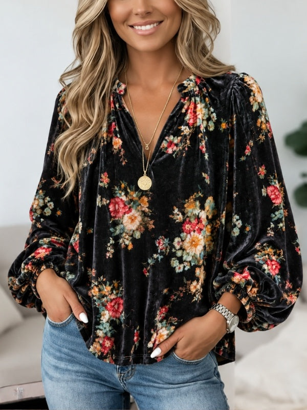 Floral Print Velvet Balloon Sleeve Blouse
