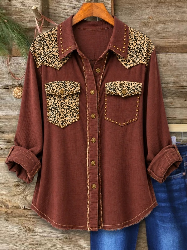 Leopard Patchwork Studded Crinkle Cotton Shirt