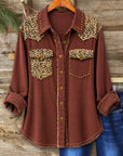 Leopard Patchwork Studded Crinkle Cotton Shirt