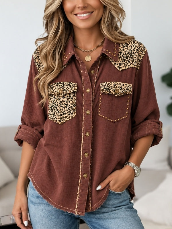 Leopard Patchwork Studded Crinkle Cotton Shirt