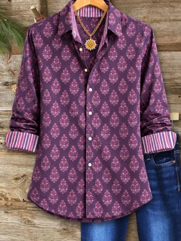 Damask Print Contrast Trim Button-Up Shirt