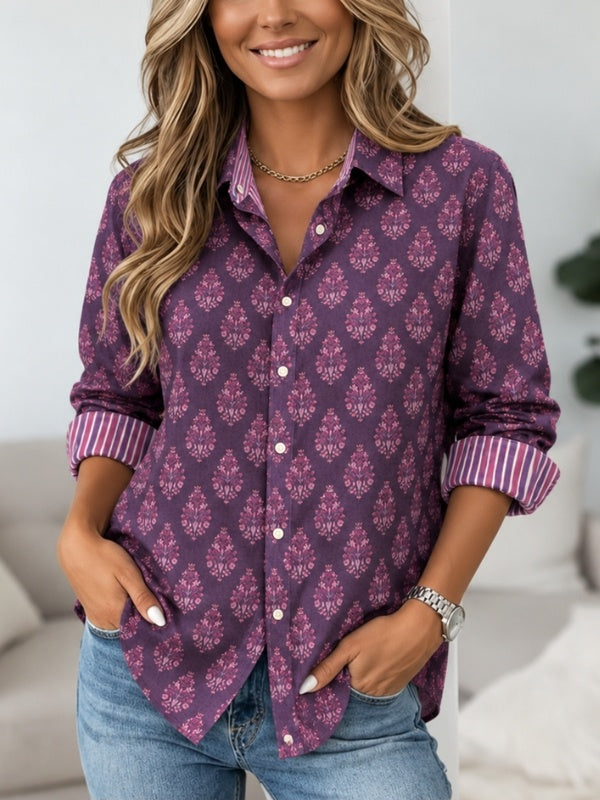 Damask Print Contrast Trim Button-Up Shirt