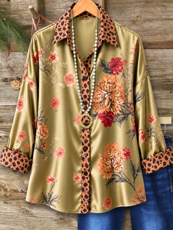 Floral Print Satin Leopard Trim Shirt