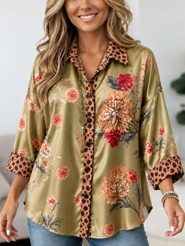Floral Print Satin Leopard Trim Shirt