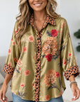 Floral Print Satin Leopard Trim Shirt