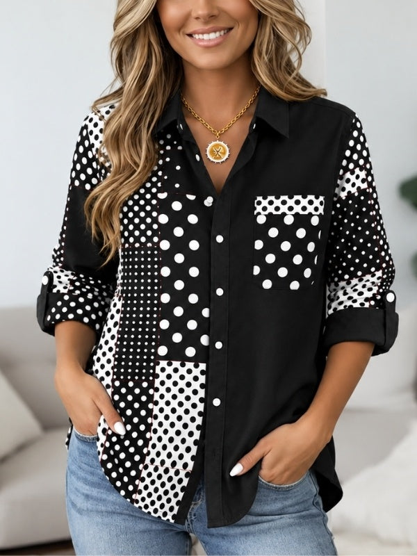 Polka Dot Patchwork Button-Up Shirt