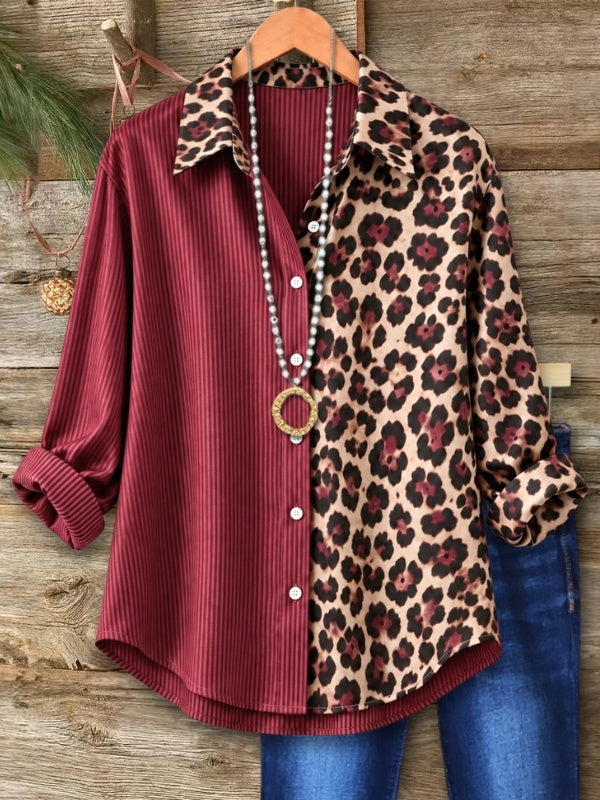 Striped Leopard Patchwork Button-Up Shirt