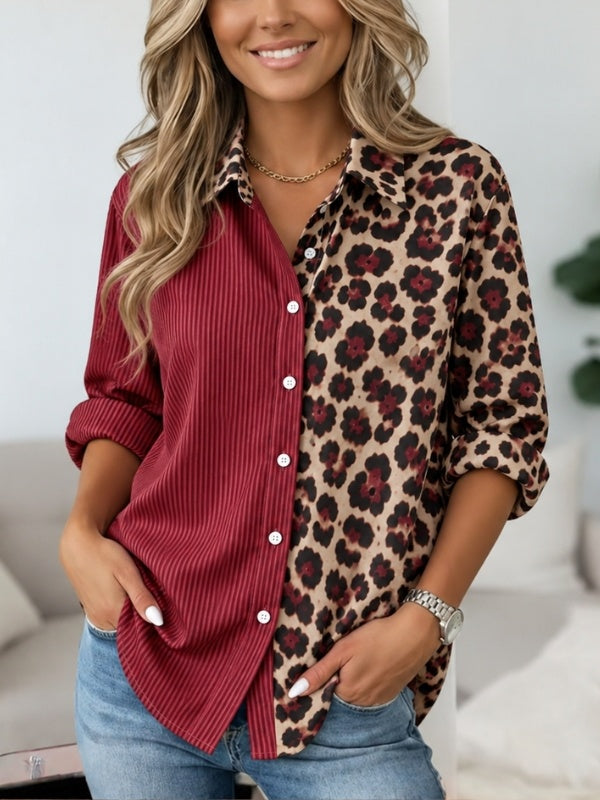Striped Leopard Patchwork Button-Up Shirt