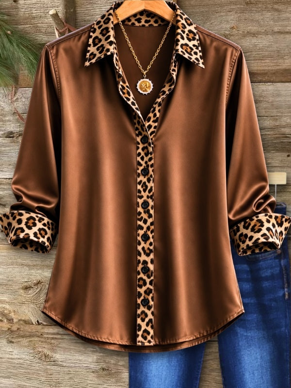Leopard Trim Satin Button-Up Shirt