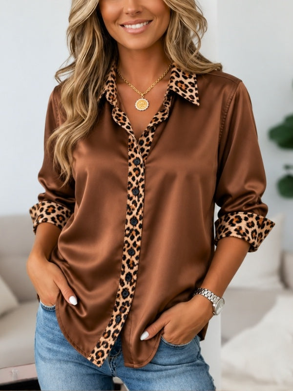 Leopard Trim Satin Button-Up Shirt