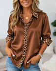 Leopard Trim Satin Button-Up Shirt