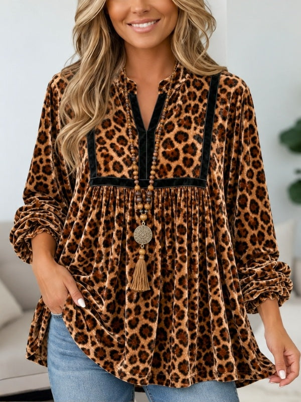 Leopard Print Velvet Babydoll Top