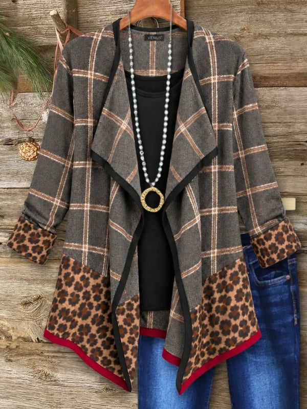 Plaid Leopard Patchwork Open-Front Cardigan