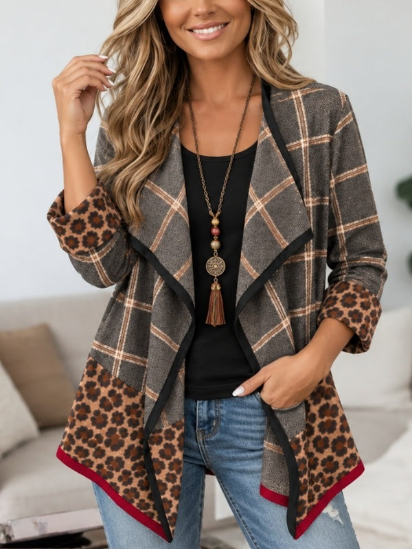 Plaid Leopard Patchwork Open-Front Cardigan